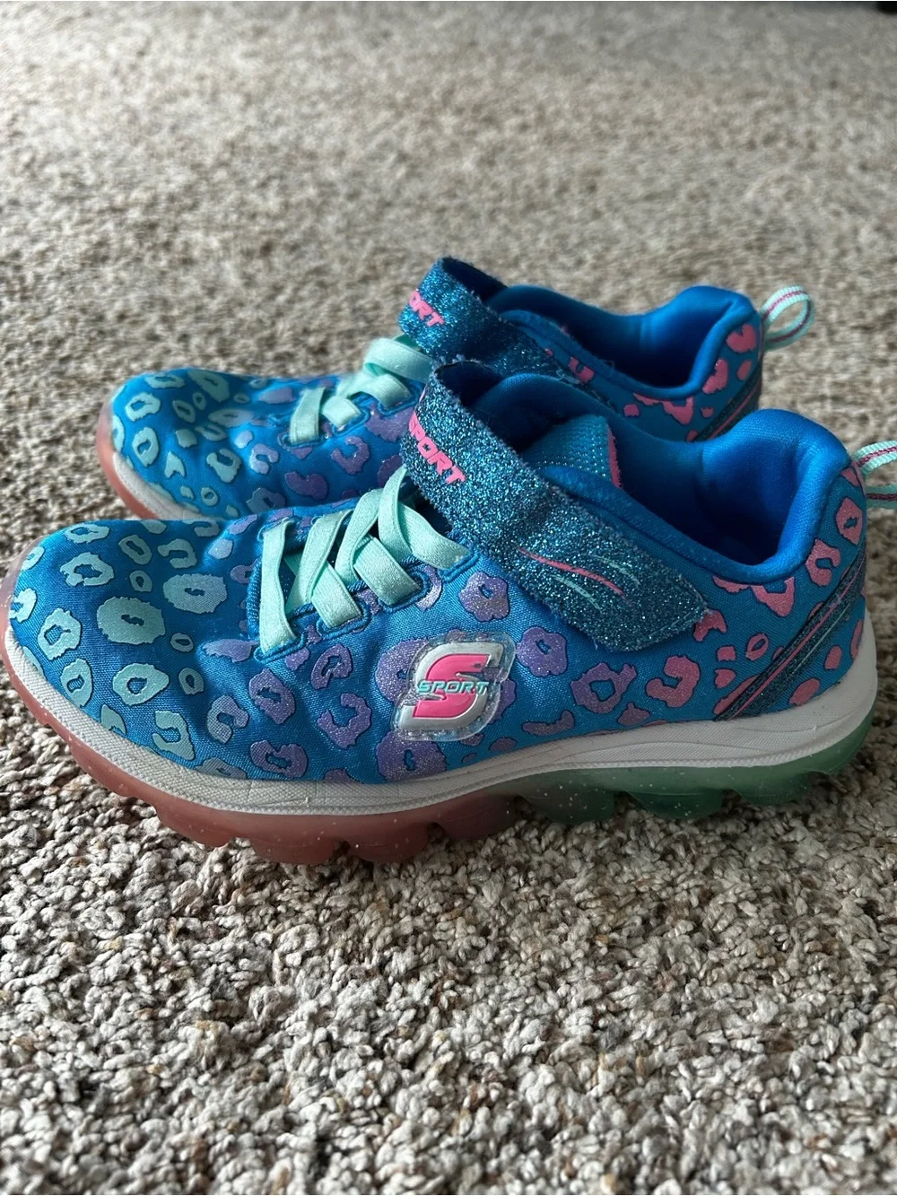 Skechers Girls Blue Teal Leopard Slip-On Sneakers Size 1
